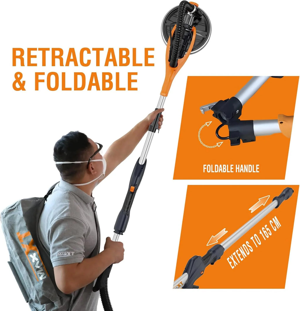 Lijadora Jirafa MAXXT 820W: plegable con tubo de extensión (110 cm/165 cm), velocidad ajustable (600-1900 rpm), LED, borde lateral desmontable, 6 tipos de papel de lija para paredes y techos