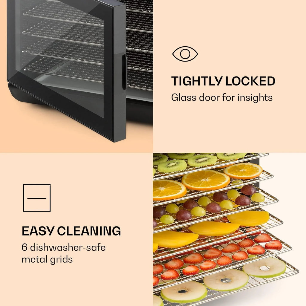 Klarstein Arizona Jerky Deshidratador de alimentos, seca fruta, carne y frutas, 500 vatios, 35-70°C, 6 bandejas aptas para lavavajillas, tiempo de secado corto, pantalla táctil, negro
