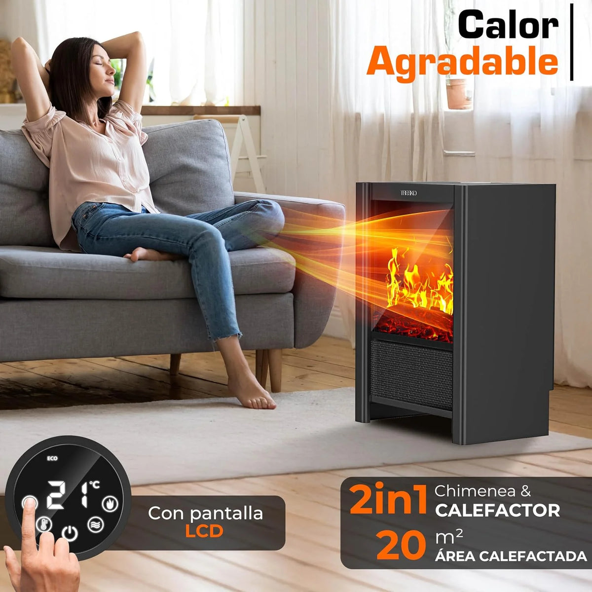 TRESKO Electric Fireplace Heating 2000 W, Smart Home WiFi App & Control | Electric Stove with LED Flame Effect and LCD Display | Electric Fireplace with Thermostat | Ventilated Heating