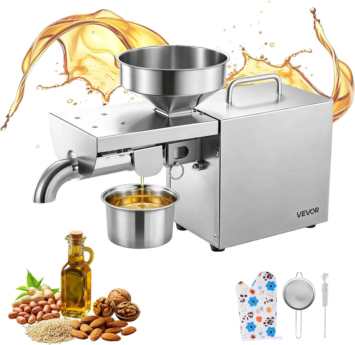 VEVOR Prensa de Aceite Eléctrica 700 W, Máquina de Prensado de Aceite 3,75 kg/h, Prensado en Caliente a 230 °C, Extractor de Acero Inoxidable, Uso Doméstico y Comercial, para Cacahuetes, Soja