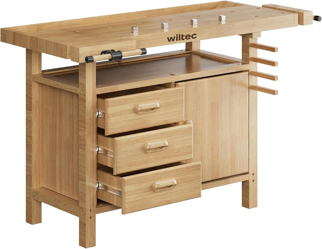 Wiltec Banco de Trabajo de Madera 126x50x84 cm para carpintería con Pinzas de sujeción y cajones