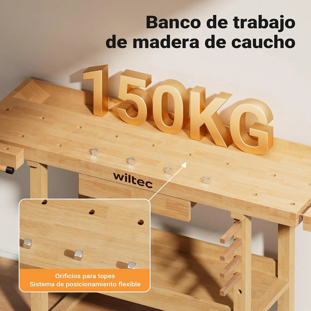Wiltec Banco de Carpintero 151 x 61,5 x 86 cm Mesa de Trabajo de Madera 150 kg con cajón, Estante y Pinzas de sujeción, Ideal para Trabajos de carpintería, Bricolaje y Taller