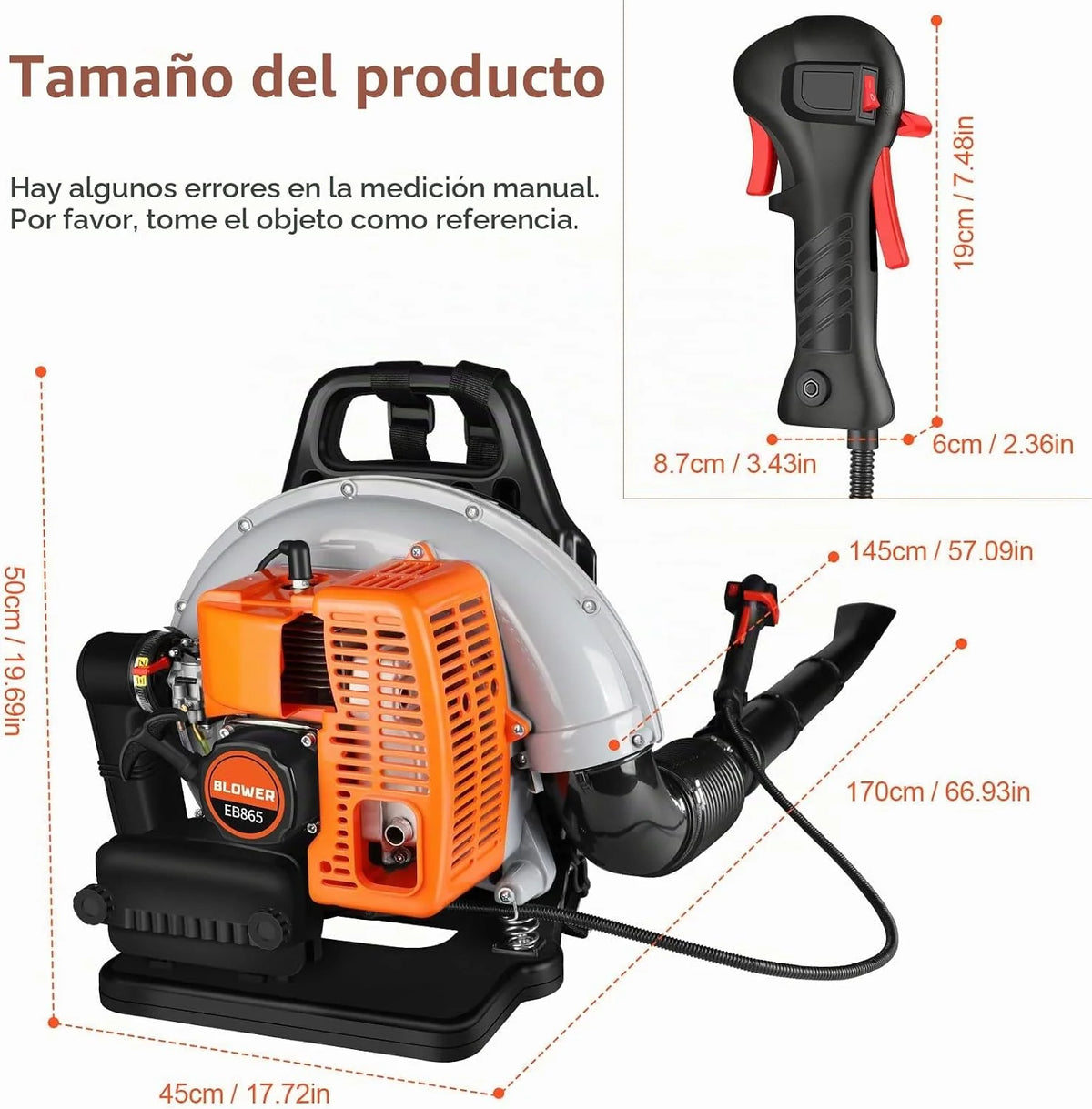 LabTEC Soplador de Hojas a Gasolina, Aspirador de Hojas a Gasolina EB865 63cc, soplador de jardín de 2 Tiempos con Velocidad Regulable, para Limpiar Patios, Hojas, Cortar césped, triturar, Quitar