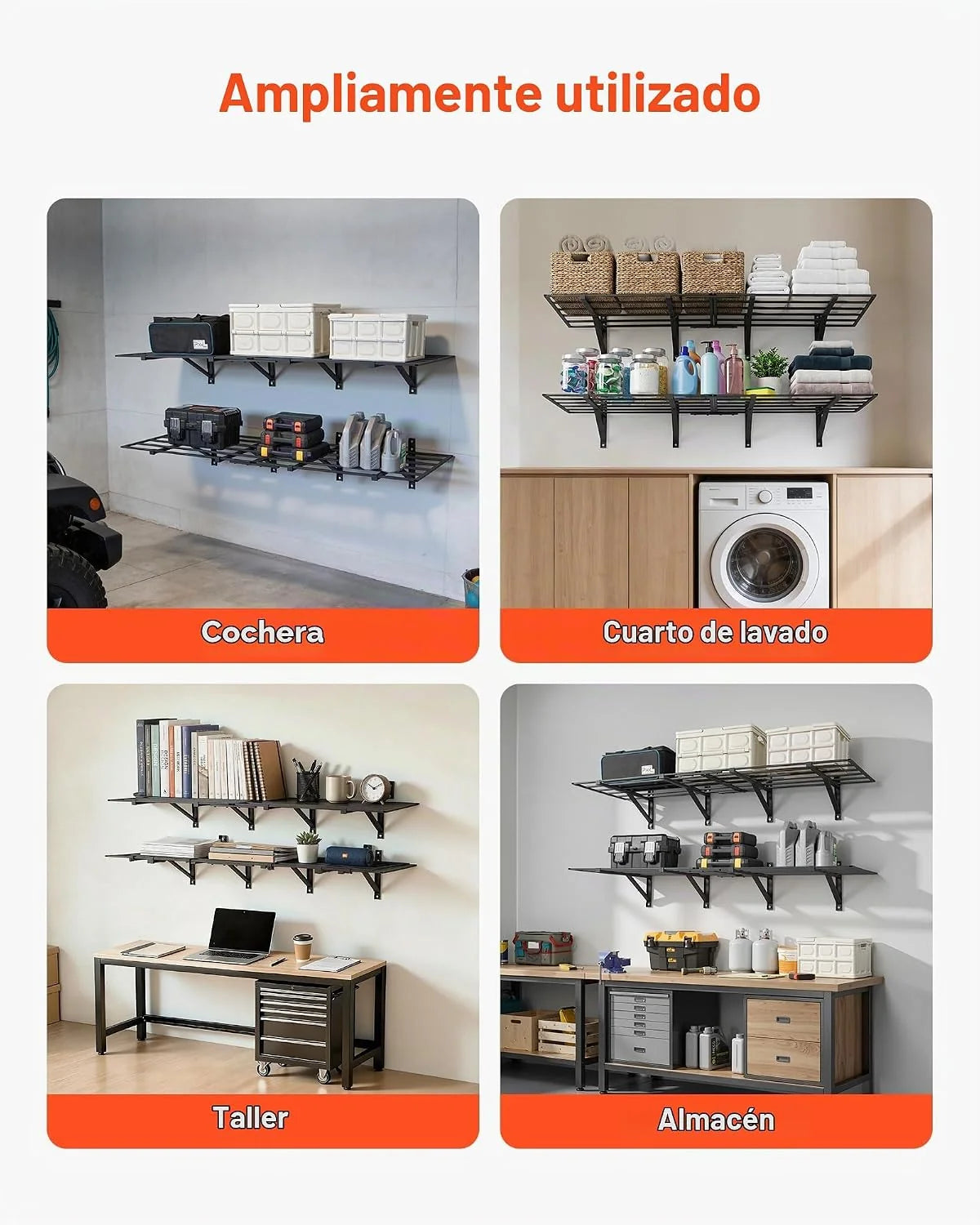 VEVOR Estantería de Pared de Acero 635 x 1832 mm, Carga 362 kg por Nivel, 725 kg en Total, Distancia Ajustable, Juego de 4 Estanterías Flotantes de 2 Niveles para Garaje Taller Cocina Lavandería