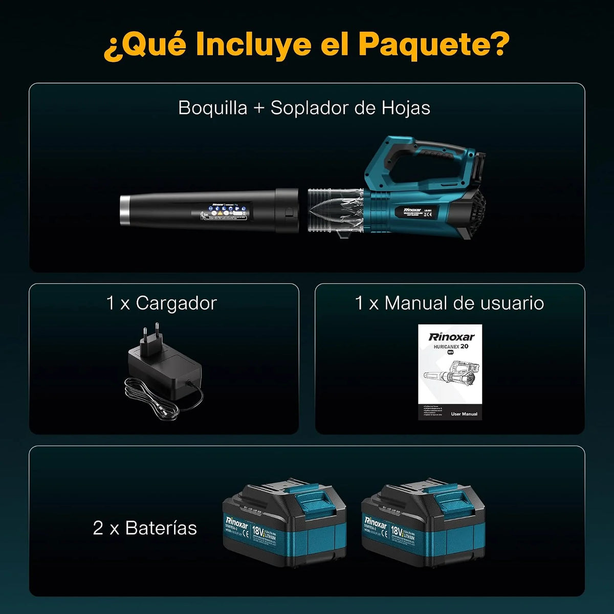 Soplador de Hojas Inalámbrico, Motor Brushless, 2×18V/5200mAh y Cargador