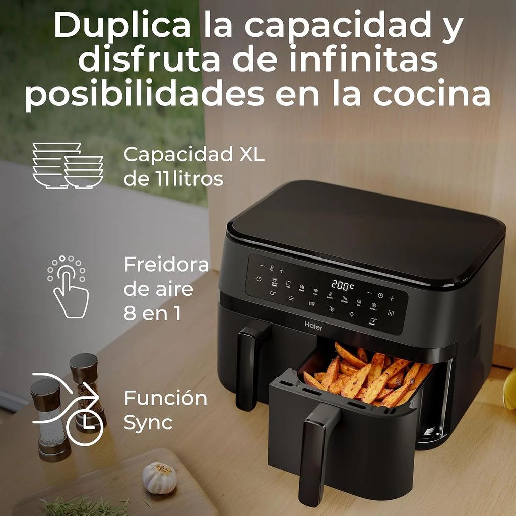 Haier Freidora de Aire de Doble Cajón | 11L Gran Capacidad | 8 Funciones