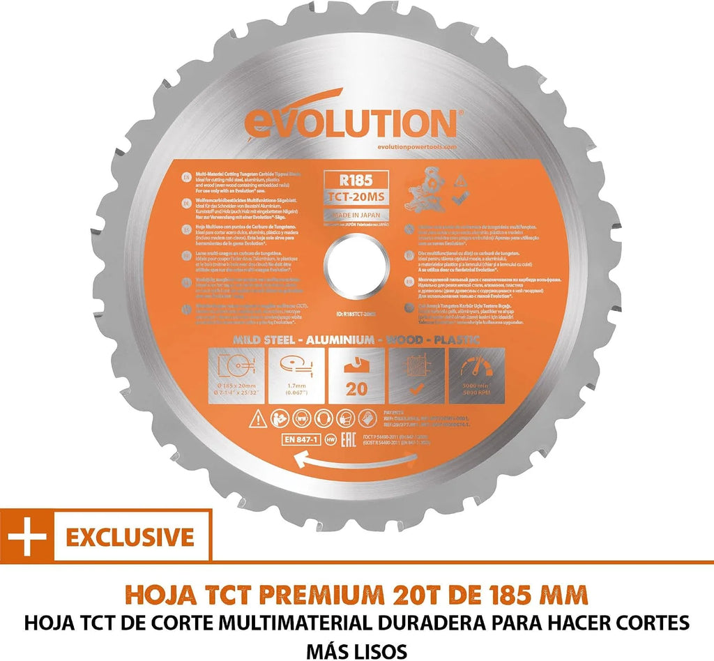 Evolution Sierra ingletadora deslizante de 185 mm (R185SMS+) de Evolution con corte multimaterial; bisel de 45°, inglete de 50°; guía láser. Incluye hoja multiusos