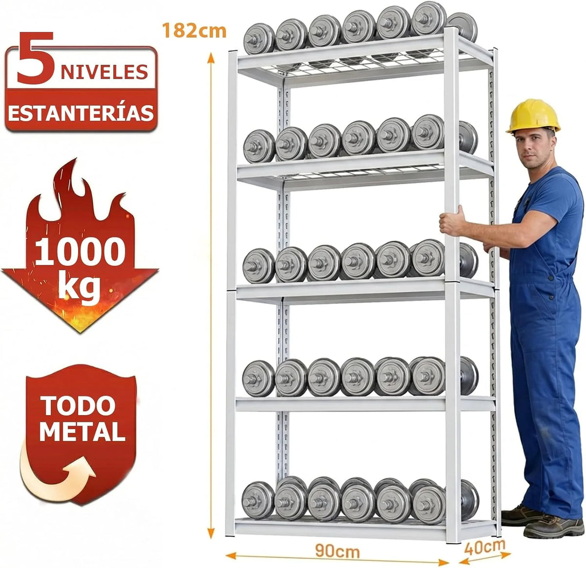 Himimi Estantería Metálica 5 Niveles 1000kg Estantería de Almacenamiento Resistente con Baldas Regulables en Altura Estantería Abierta para Sótano Garaje Almacén Cocina Estantería 90x40x182cm Blanco