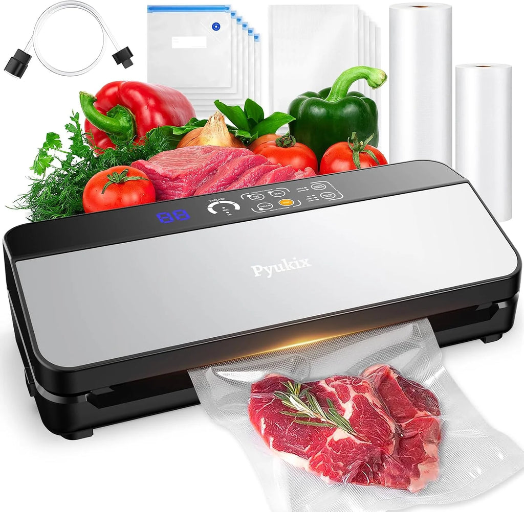 Envasadora al Vacio, 80KPA Domestica 8-EN-1 Maquina Envasar al Vacío Profesional Modos de Alimentos Seco y húmedos, 2 con bolsa enrollable 11 bolsas de vacío y cortador integrad