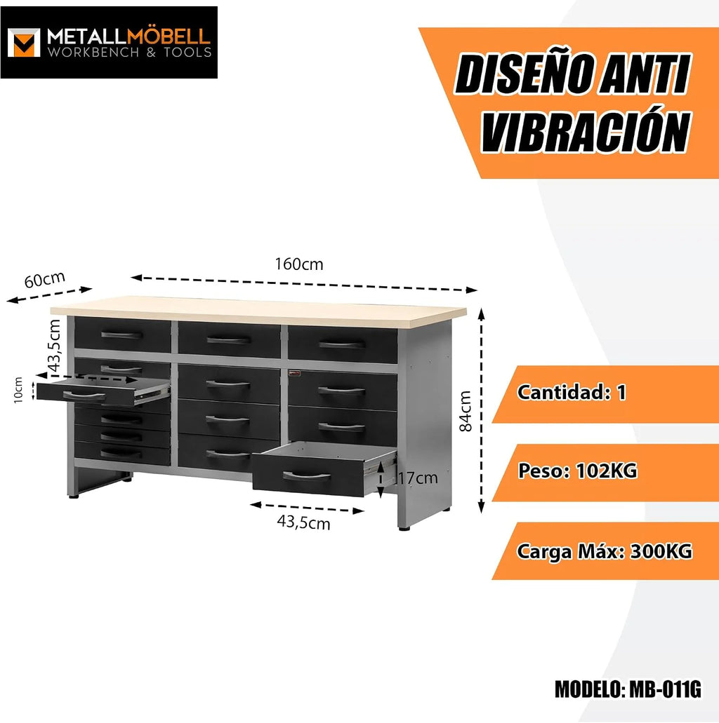 METALLMOBELL - Banco de Trabajo Profesional | 160x60x84cm, con Cajones | Mesa de Trabajo Taller, Banco de Trabajo Taller, Mesa Trabajo, Banco de Carpintero, Banco Herramientas -MB011-N