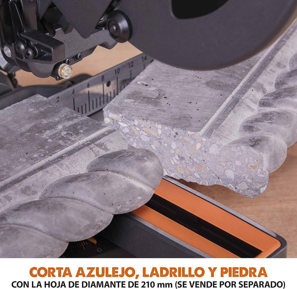 Evolution Power Tools - R210SMS-300+ Ingletadora deslizante multimaterial de 210 mm (230 V), con paquete plus, Corta acero dulce, aluminio, plástico, madera con clavos incrustados