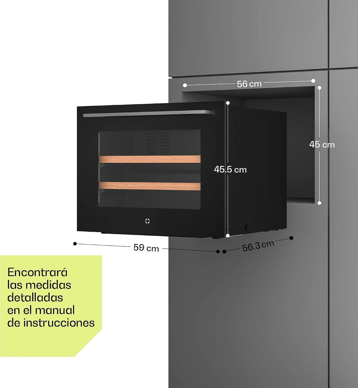 KLARSTEIN Illuminosa Vinoteca Integrable - 19 Botellas, 1 Zona, 5-20°C, LED, Control Táctil, Puerta UV, 3 Estantes Madera, Nevera Vinos Empotrable