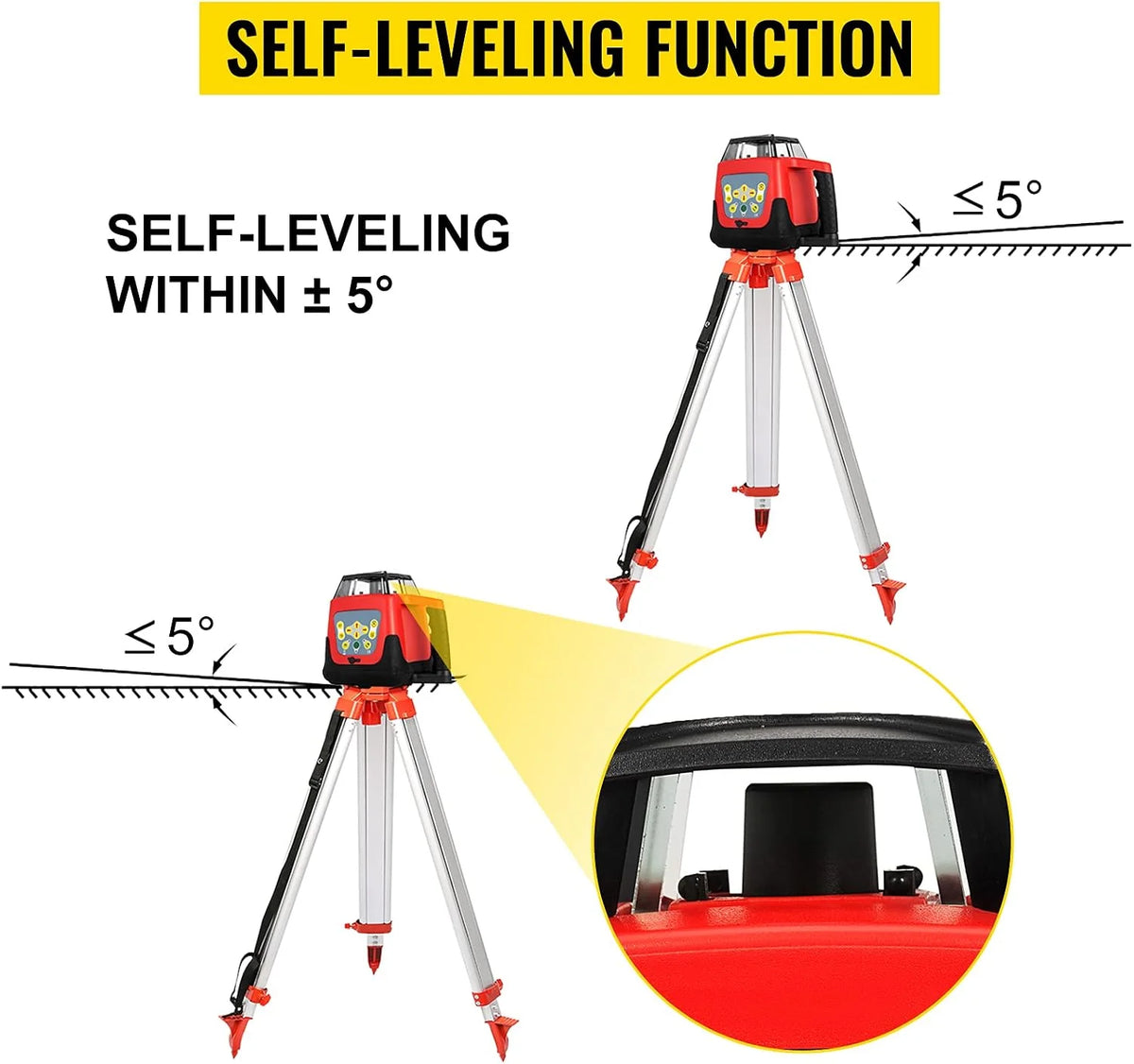 VEVOR Nivel de Láser Rojo Rotatorio Auto-Nivelante 250m, Kit de Trípode y Bastón para Niveles Automáticos 5 m, Trípode de Nivel Plegable para Herramientas Automáticas de Medida y Láseres, ± 5°