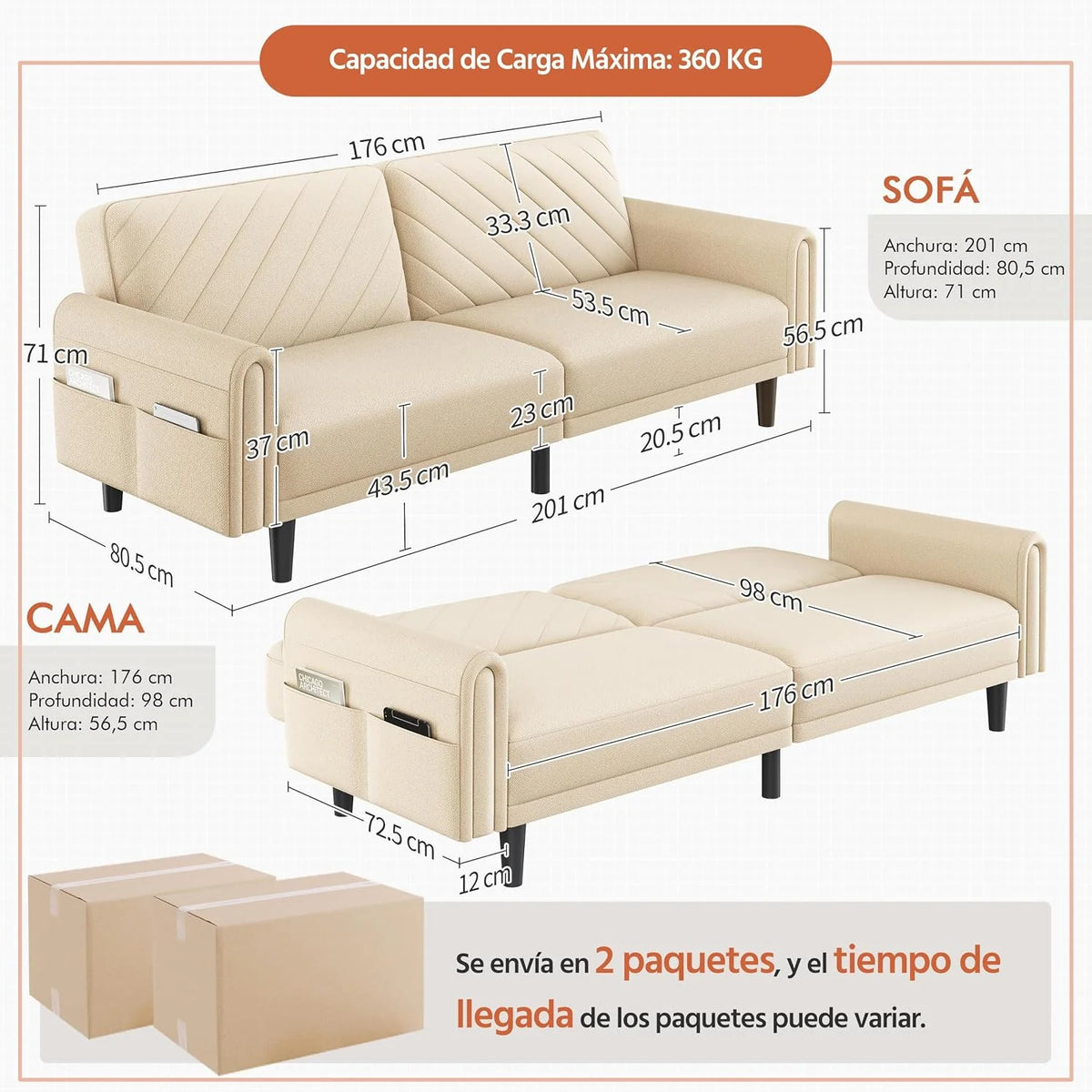 Yaheetech Sofa Bed 2 Seater Backrest 3 Level Adjustment Beige