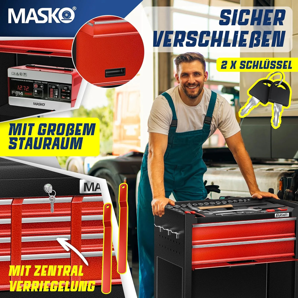 MASKO® Carro de taller con maletín incluido, 9 compartimentos con cerradura metal macizo, sin herramientas, para guardar herramientas, rojo
