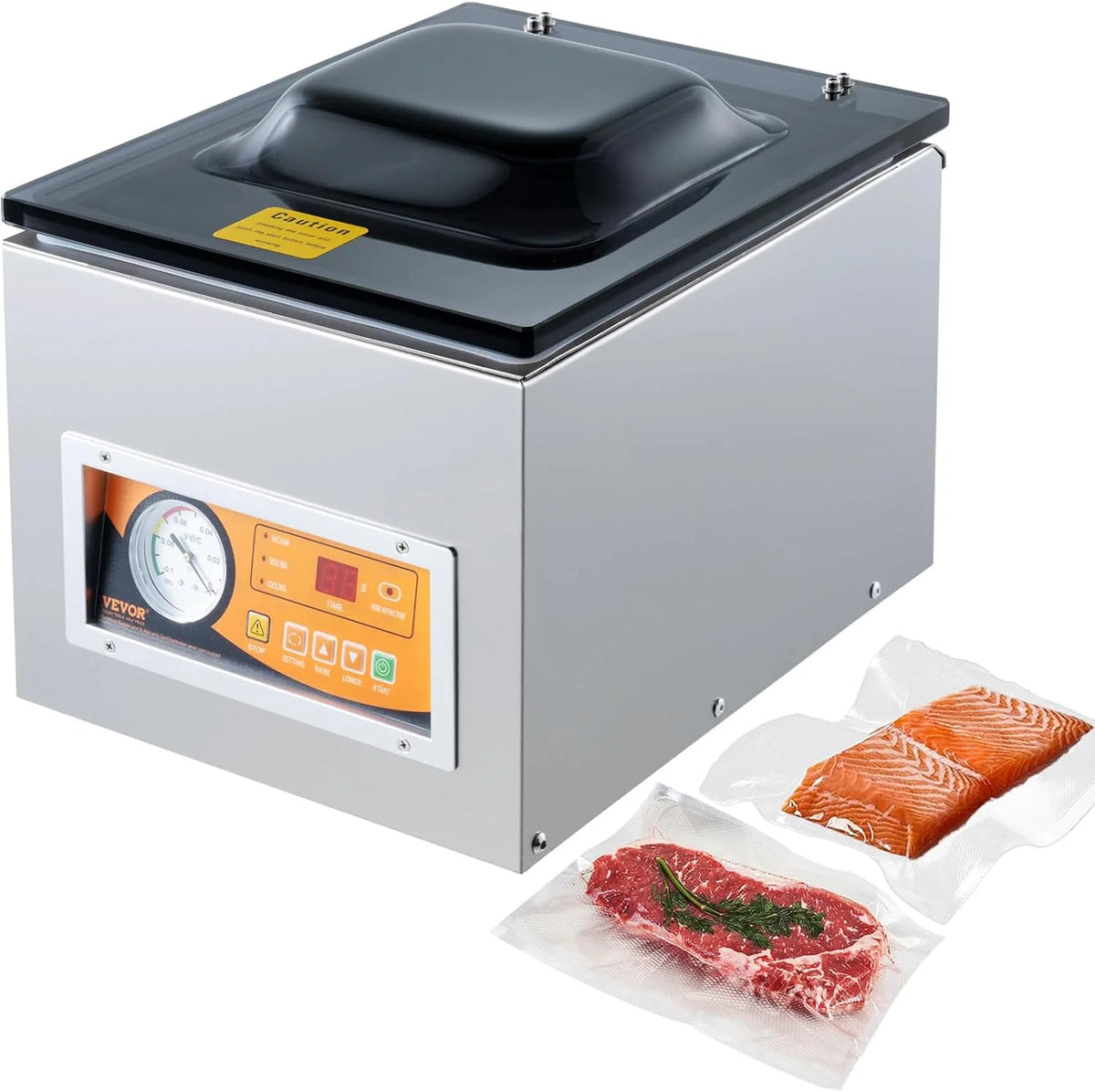 VEVOR Sellador al Vacío de Cámara 260 W Máquina de Envasado al Vacío de Acero inoxidable Tamaño Compacto de 260 mm para Cocina del Hogar Para Uso Comercial Para Alimentos Húmedos, Carnes y Adobos