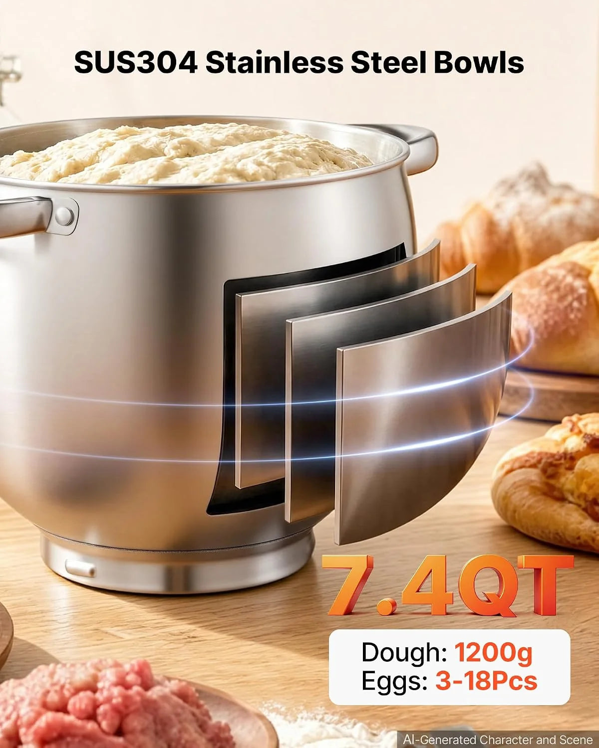 VEVOR Batidora Amasadora 1000 W, Bol de 7 L, con Picadora de Carne, Rojo
