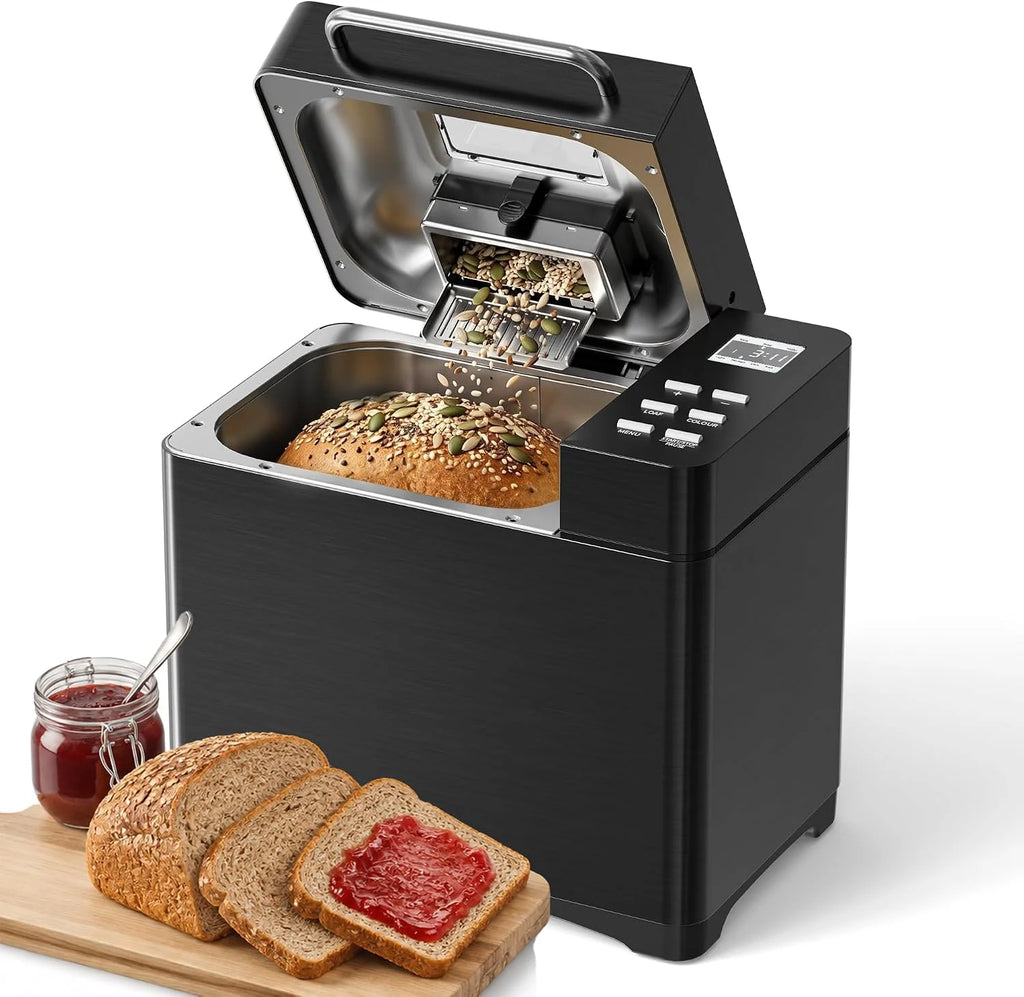 TRIUMPHKEY 19 Programas Panificadora Automática con Dispensador, 3 Tamaños & 3 Tostados Panificadora de Pan, Temporizador 15h, 1kg Maquina de Hacer Pan, Panificadora sin Gluten, Yogur y Mermelada