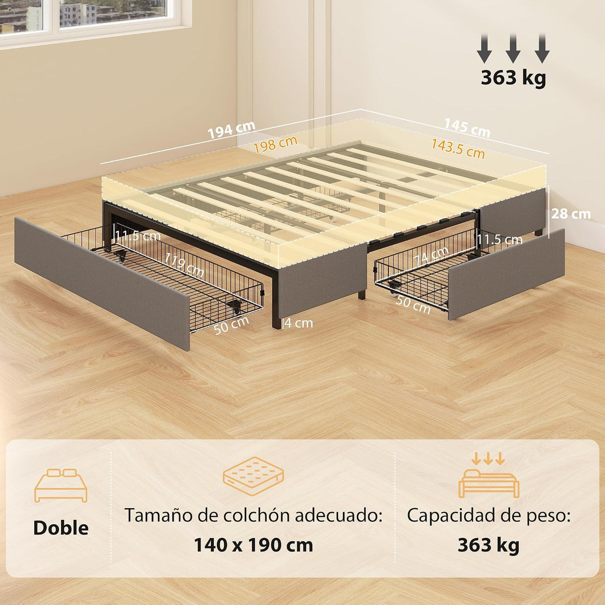 Homcom Double Bed 140 x 190 cm Double Bed Frame with Storage Grey