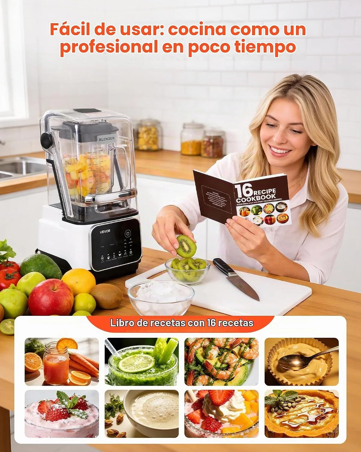 VEVOR Batidora de Vaso con Jarra de 2 L, Licuadora Profesional con Protector, 2200 W, 26000 RPM, Velocidad Ajustable, 6 Programas Preestablecidos para Batidos, Trituración de Hielo, Purés, Blanco