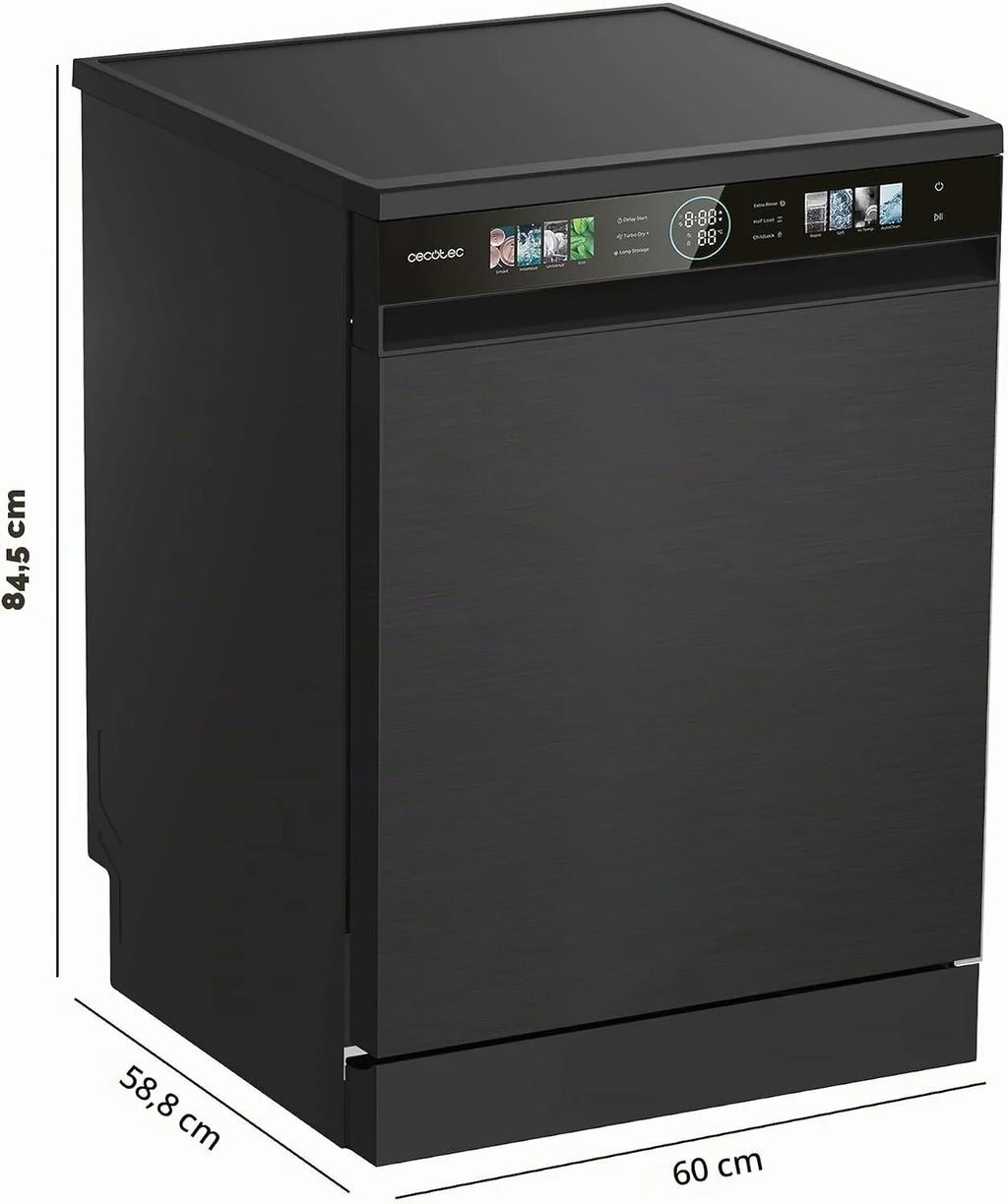 Cecotec Lavavajillas Compacto de 60 cm Bolero Aguazero 6320 Dark D, 1900W, 15 Cubiertos, 8 Programas, Pantalla FullColor XXL, Smart Wash, Turbo Dry+, AutoClean, Media Carga, Delay Start, ChildLock