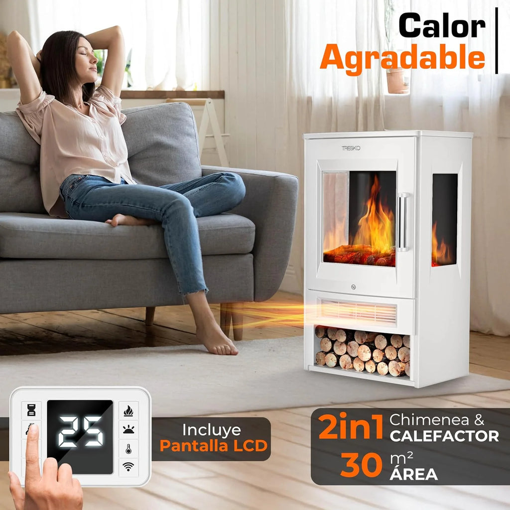 TRESKO Electric Fireplace Heating 1800W, Smart Home WiFi App & Remote | Electric Stove with LED Flame Effect and LCD Display | Electric Fireplace with Thermostat | Ventilated Heating (White)