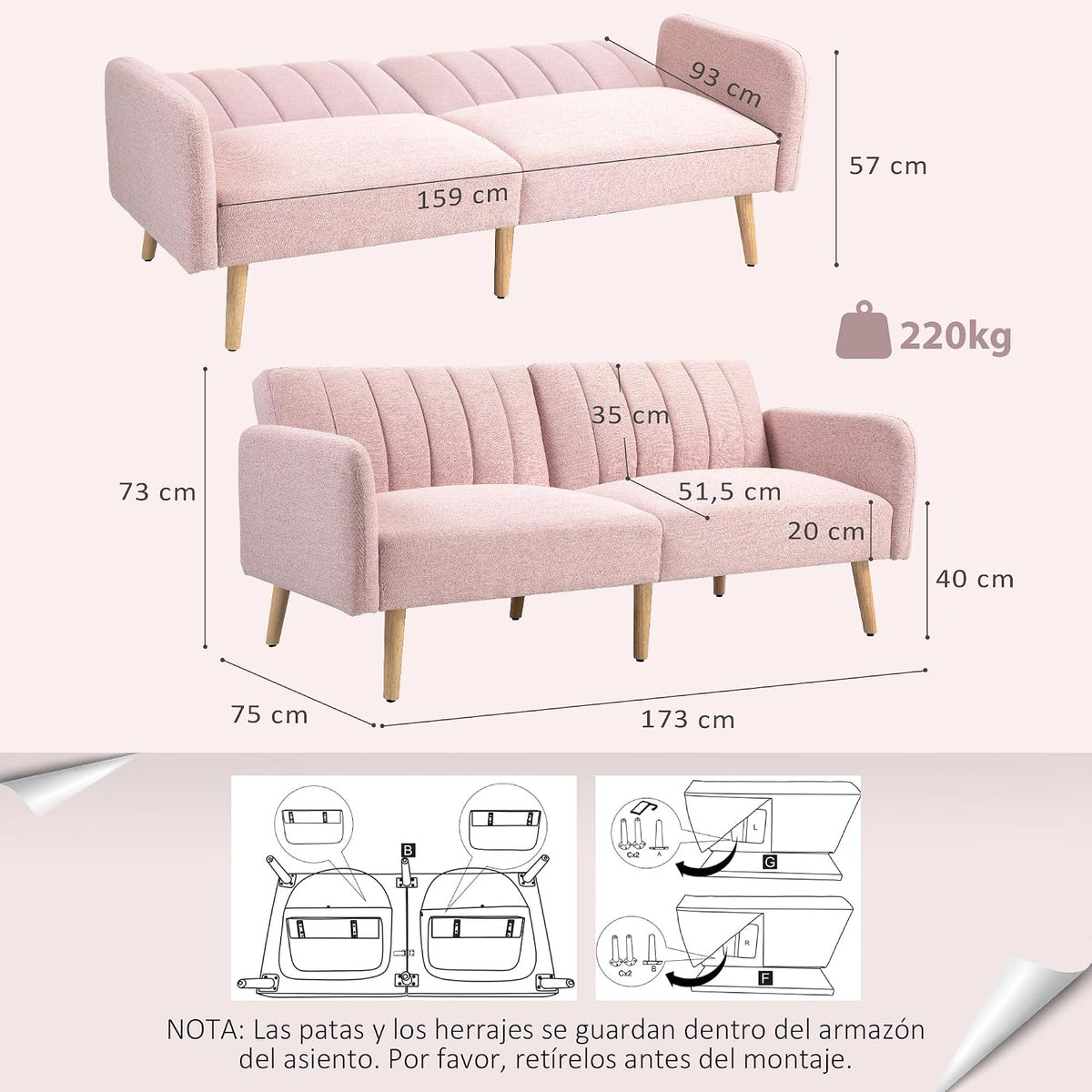 Homcom Modern Folding 2 Seater Sofa Bed 173 x 75 x 73 cm Pink