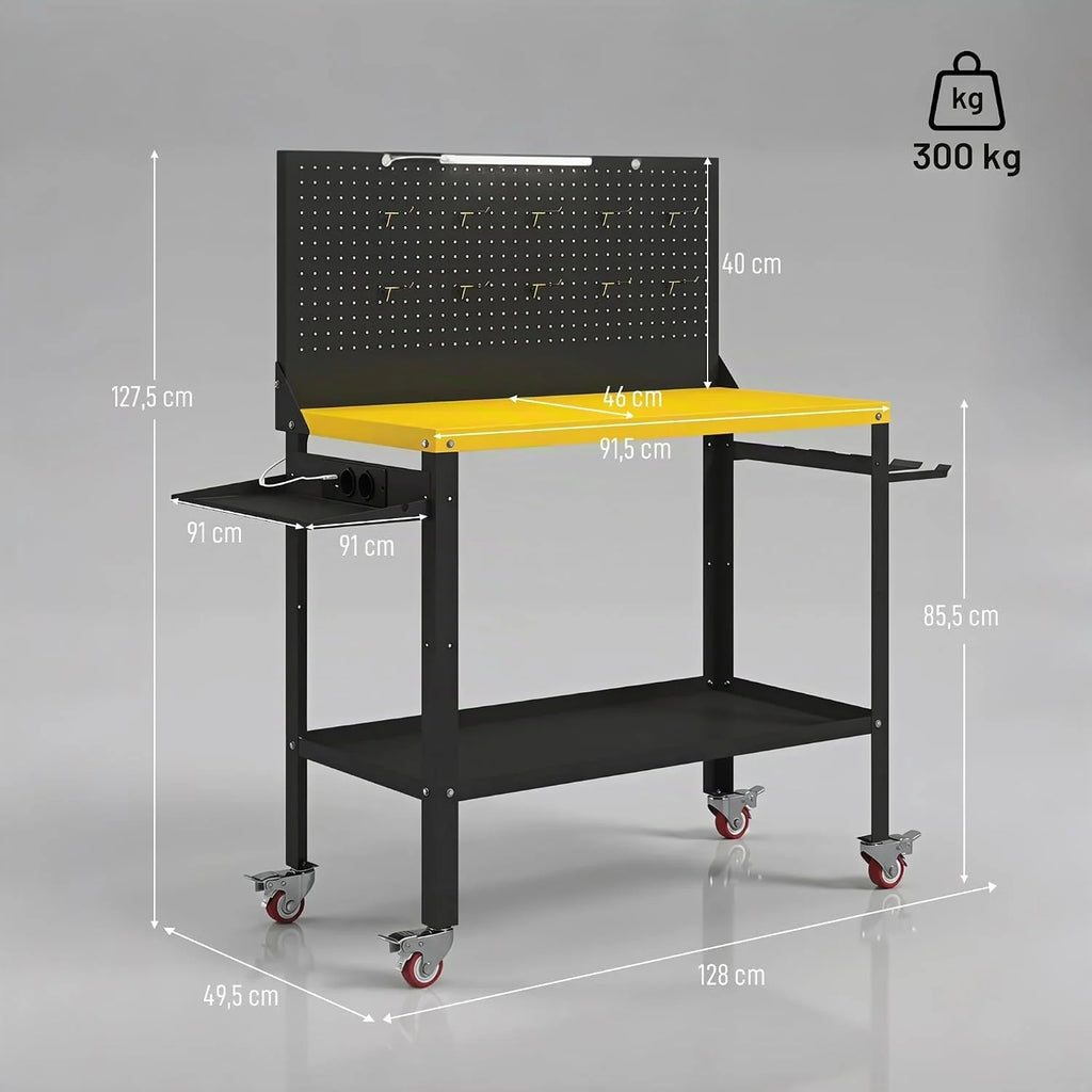 HOMCOM Banco de Trabajo con Ruedas 128x49,5x127,5 cm Negro y Amarillo