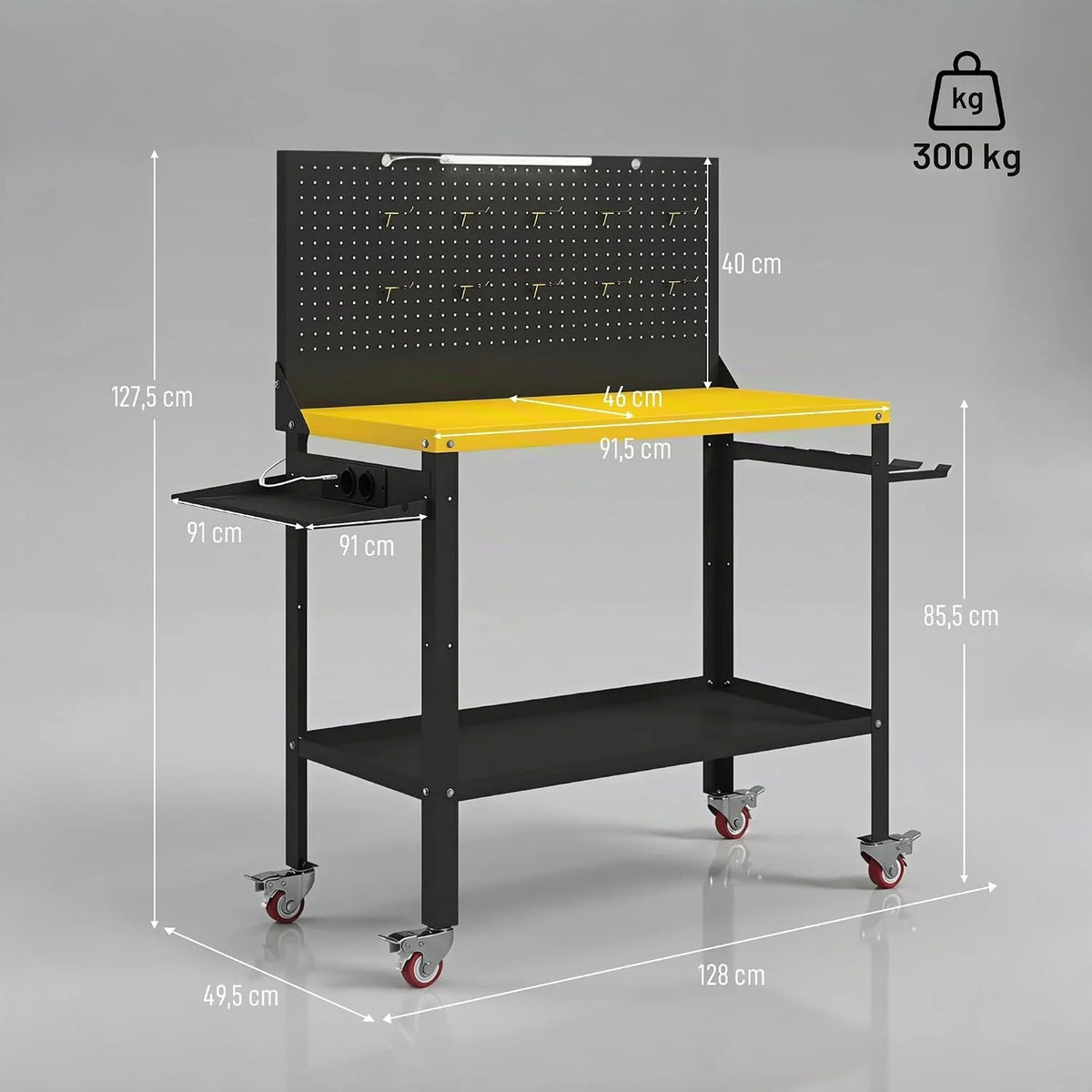 HOMCOM Banco de Trabajo con Ruedas 128x49,5x127,5 cm Negro y Amarillo