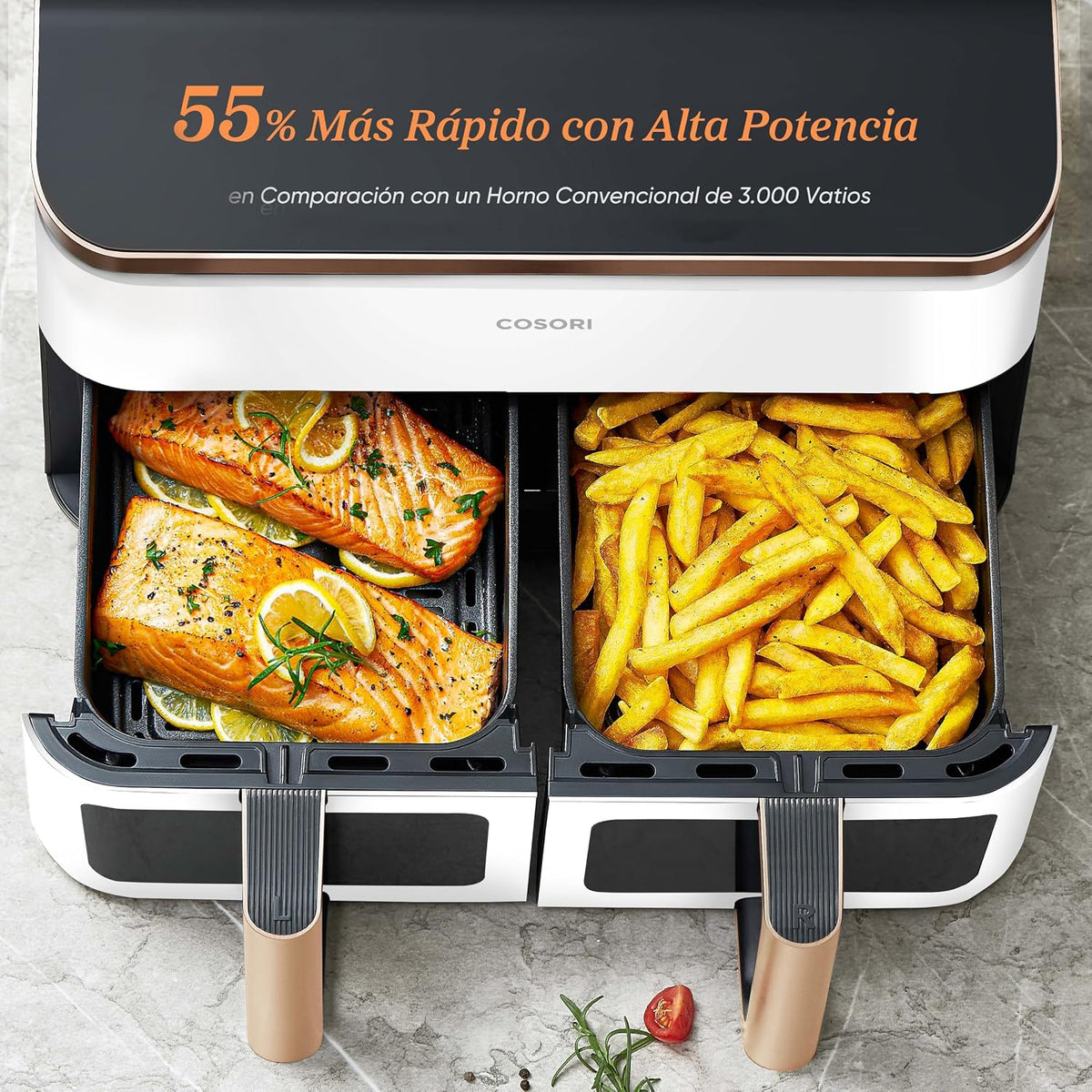 Cosori Freidora de Aire 8,5L, Doble Cesta con Ventana, 10 Funciones, Blanca