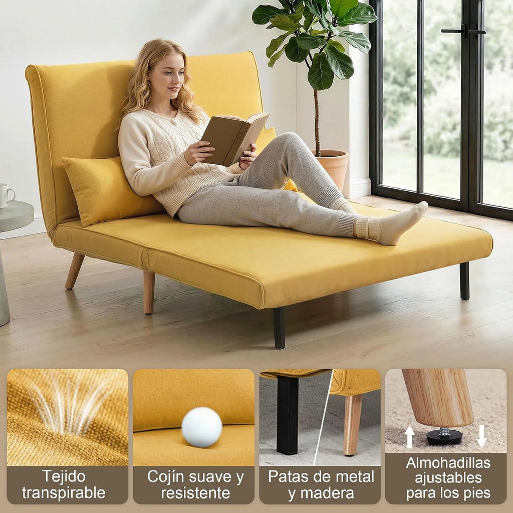 HOMCOM 3 in 1 Folding 2 Seater Sofa Bed Upholstered in Yellow Linen