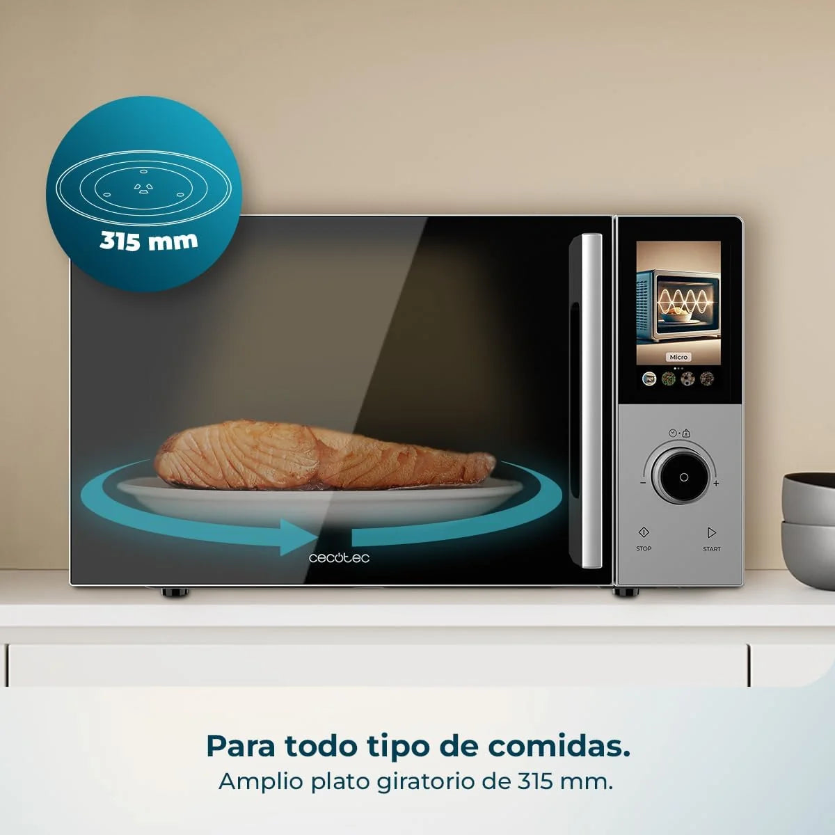 Cecotec Microondas Digital Táctil con Grill 25L Convection 2500 Touch. 900W, Grill 1200W, Control Táctil, Convección 2200 W, 8 Programas, Temporizador 60min, Plato Giratorio 315 mm, Seguro