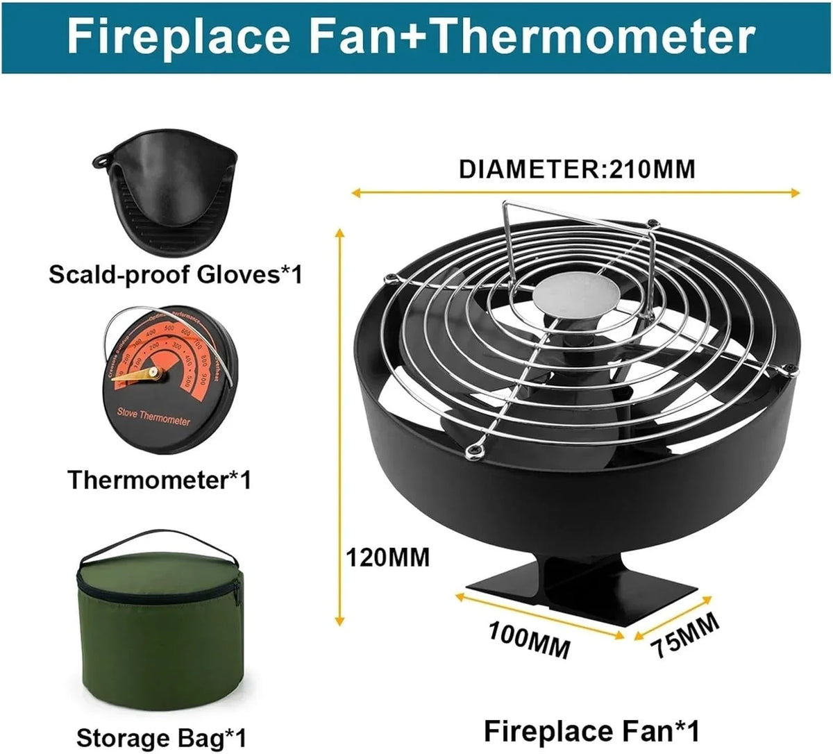 Ventilador de chimenea multifunción 4 aspas, color negro, for leña, ecológico y eficiente, con distribución calor for el hogar