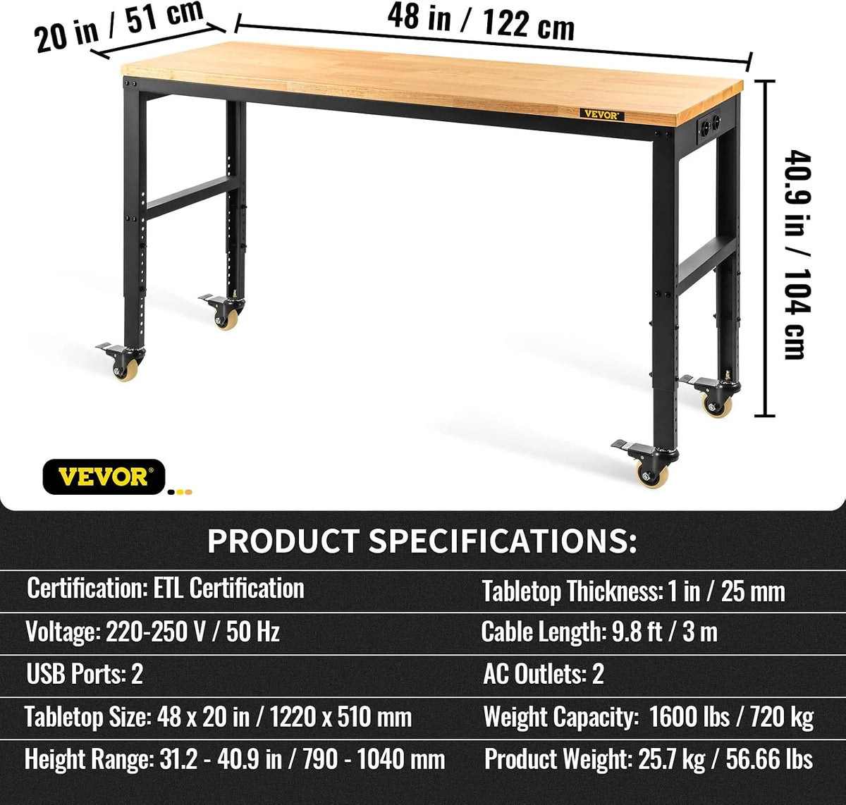 VEVOR Banco de Trabajo de Altura Ajustable 79-104 cm Banco para Taller Escritorio de Tablón de Roble 122x51 cm Marco de Acero Mesa de Trabajo con Ruedas Carga de 720 kg para Garajes Talleres Oficinas