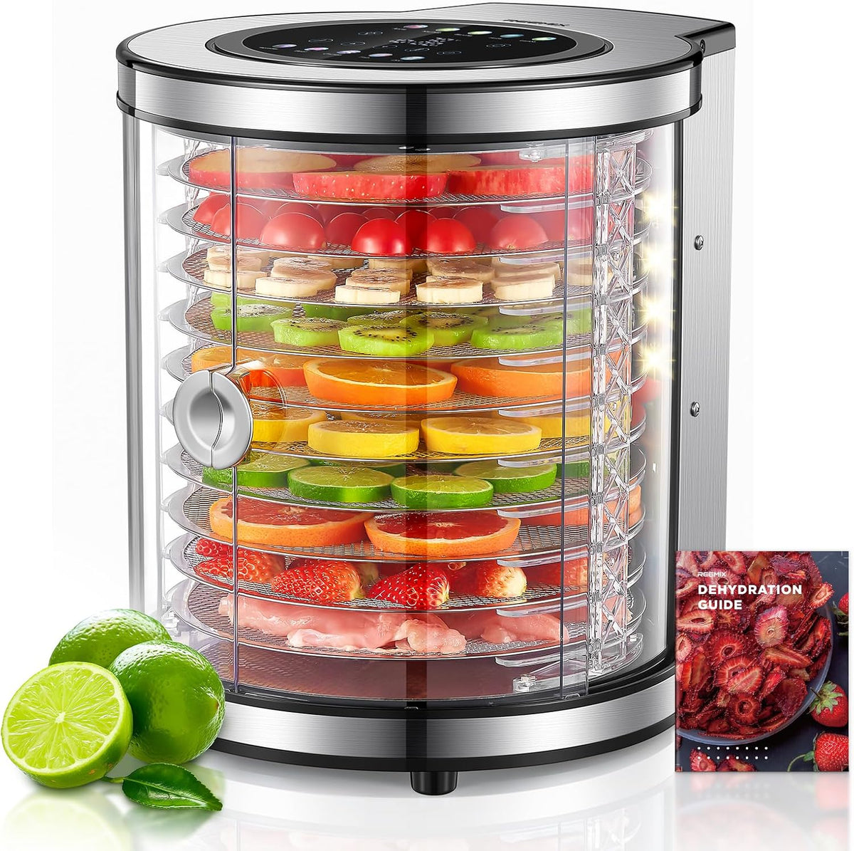Deshidratador de acero inoxidable con 10 niveles, deshidratador giratorio con 9 programas y pantalla LCD, regulador de temperatura de 35 – 75 °C y temporizador de 48 horas, secador de carne silencioso