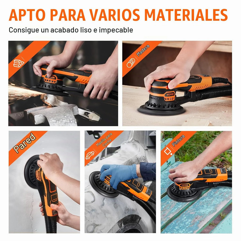 VEVOR Lijadora Orbital Aleatoria sin Escobillas de 350 W, 10 000 PRM y 6 Velocidades con 10 Papeles de Lija, Conector para Polvo y Manguera para Lijado de Detalles de Carpintería, 255 x 150 x 110 mm