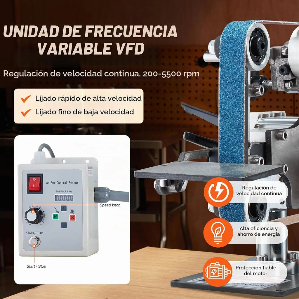 VEVOR Lijadora de Banda, Pulidora de Banda de Velocidad Variable 762 x 25,4 mm con VFD, Pulidora de Banda 550 W con 2 Moldes de Pulido y 3 Bandas de Lijado para Trabajar Metales y Fabricar Cuchillos