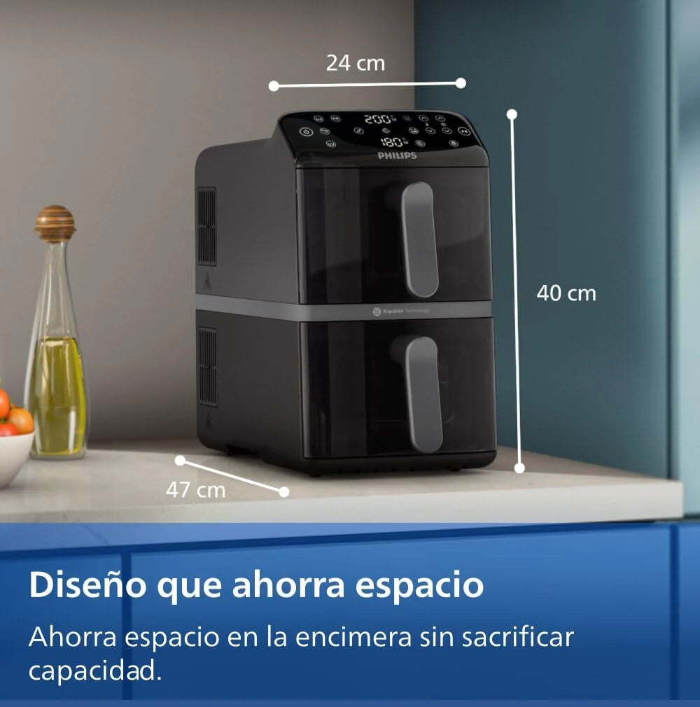 Philips 4000 Airfryer - Freidora de Aire doble Cesta Vertical 10L, Negro