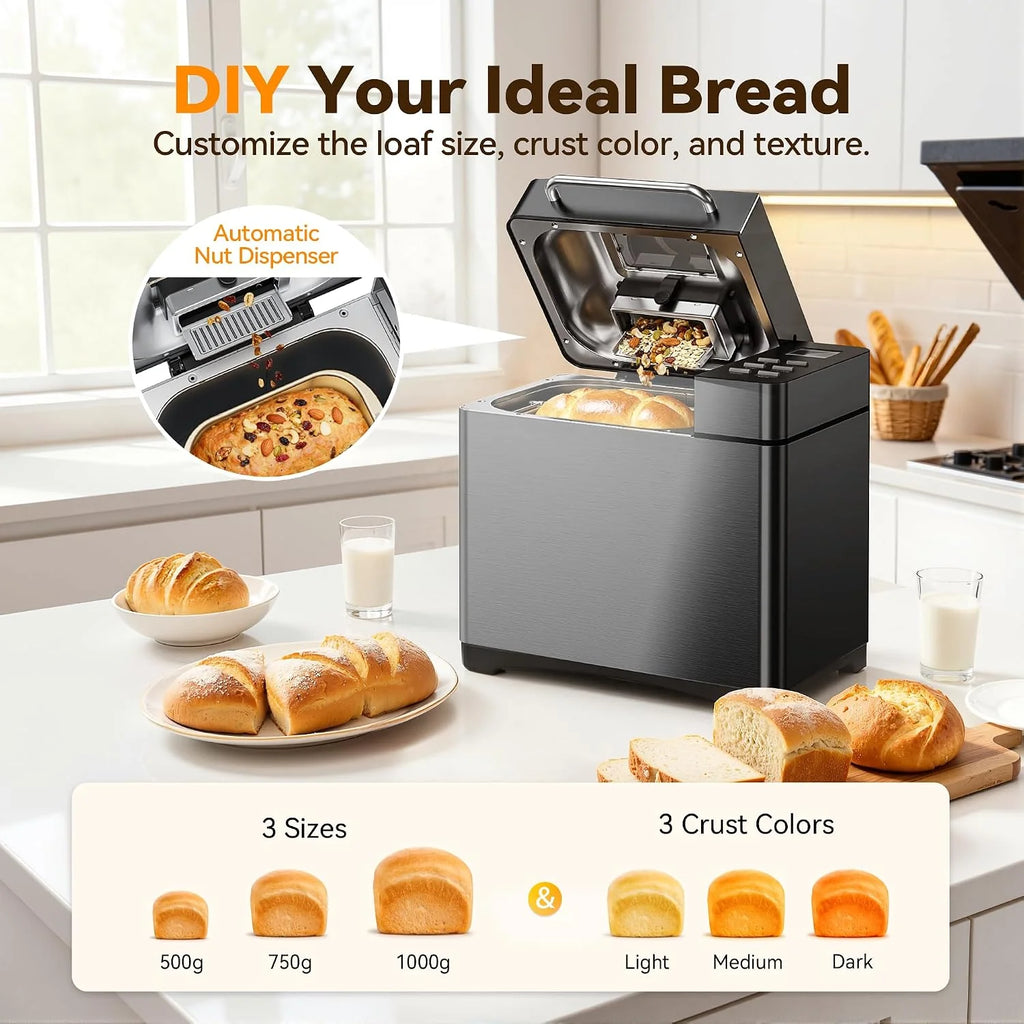TRIUMPHKEY 19 Programas Panificadora Automática con Dispensador, 3 Tamaños & 3 Tostados Panificadora de Pan, Temporizador 15h, 1kg Maquina de Hacer Pan, Panificadora sin Gluten, Yogur y Mermelada