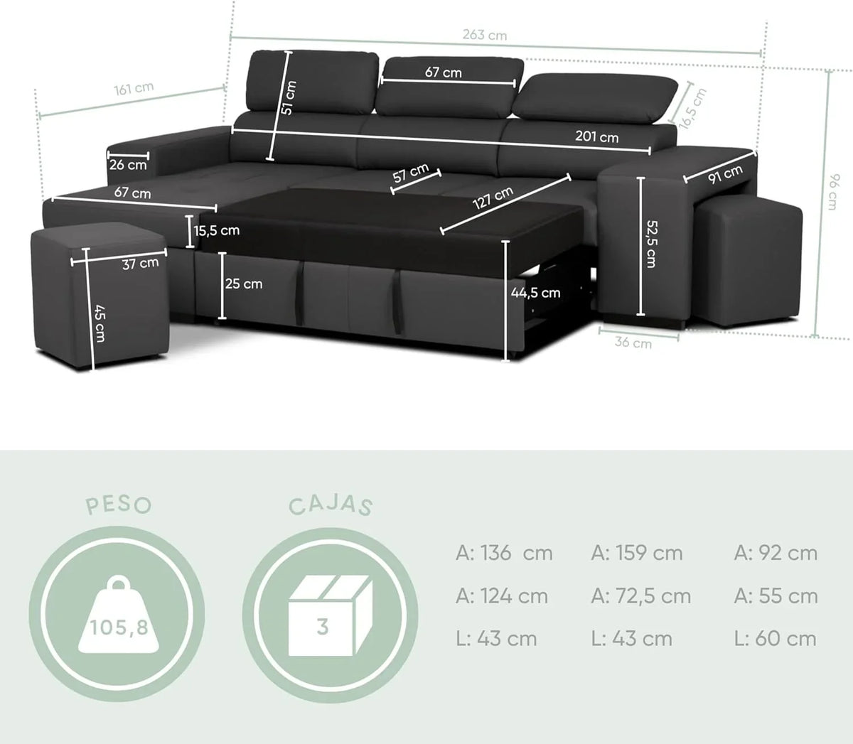 BUDWING John Sofá Cama Esquinero 4 Plazas - Chaise Longue Reversible, Reposacabezas Ajustable y 2 Pufs – Tapizado en Poliuretano – Estilo Moderno – 263x161x96 cm – Negro