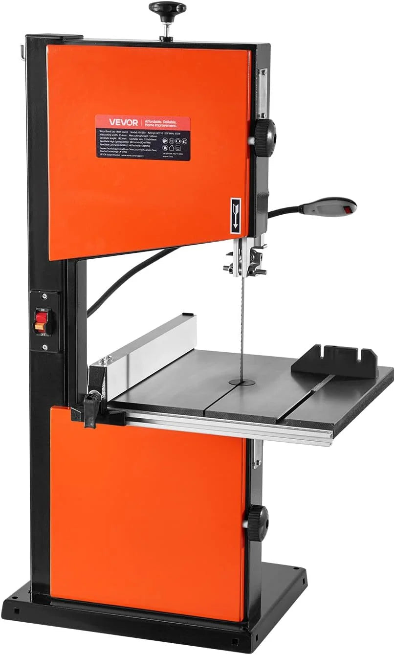 VEVOR Sierra de Cinta, Ancho de Corte de 254 mm, 2 Velocidades, Motor de 373 W, Altura de Corte de 160 mm, Mesa de Hierro Fundido de 335 x 340 mm, Luz de Trabajo de 360 Grados, para Carpintería