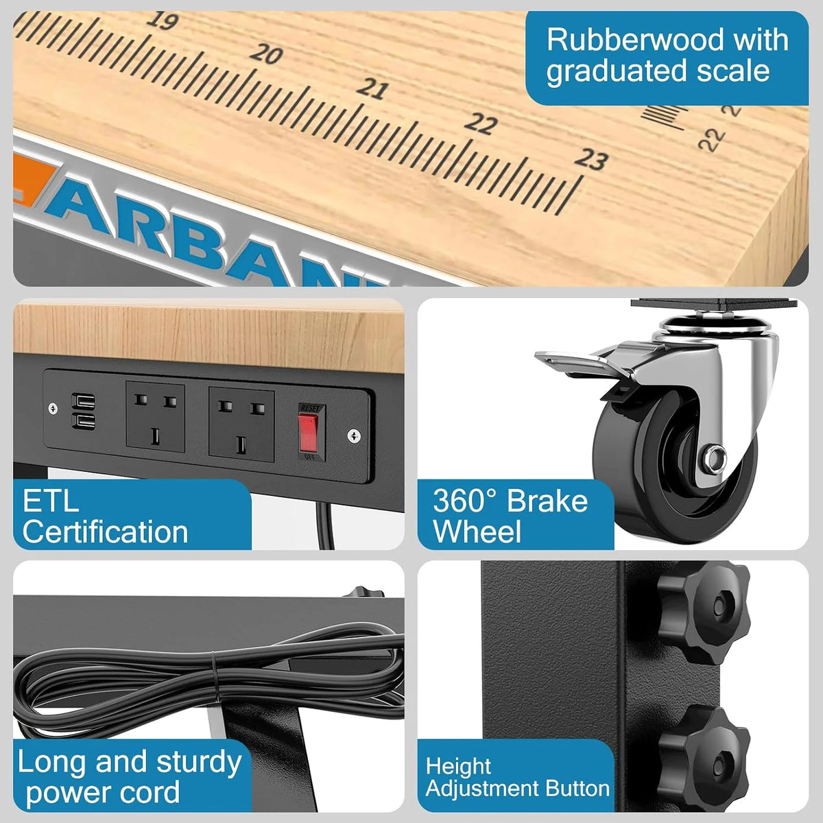 LARBANKE 120CM Banco de Trabajo,Banco de Trabajo de Madera de Caucho Tiene Ajustable 5 Alturas Diferentes,Mesa de Trabajo de Madera Dura Capacidad de Peso de 900KG,con Ruedas de Freno
