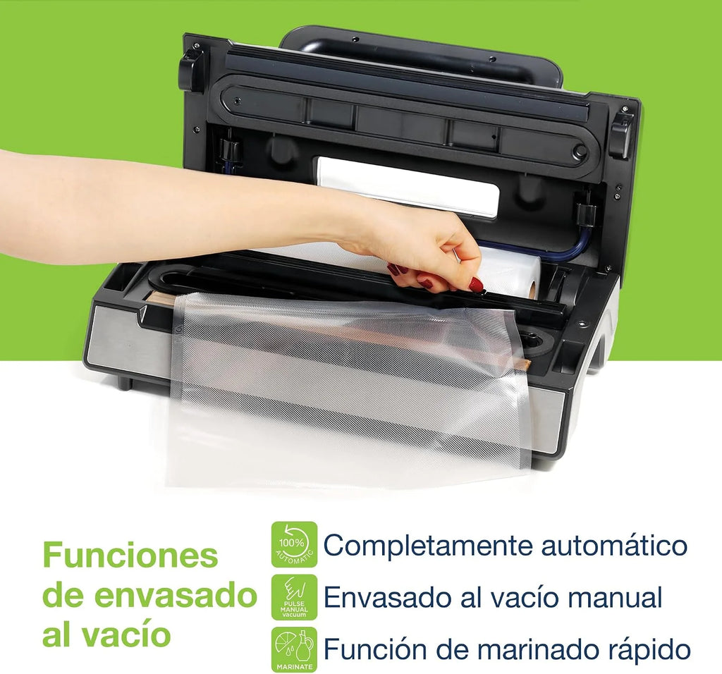 Máquina de envasado al vacío para uso intensivo Laica VT3120 con doble bomba, sellado doble para mayor seguridad, capacidad de aspiración 20 l/min, 130 W, incluye tubo para contenedores.