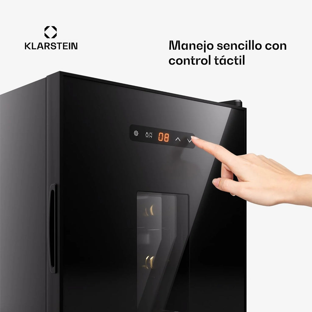 KLARSTEIN Vinoteca para Vinos, Nevera Vino Una Zona 5-22°C, Botellas Vino, Proseco y Cervezas, Vinoteca Pequeña Puerta Cristal para Interior y Exterior, Nevera para Vinos Capacidad 16 Botellas