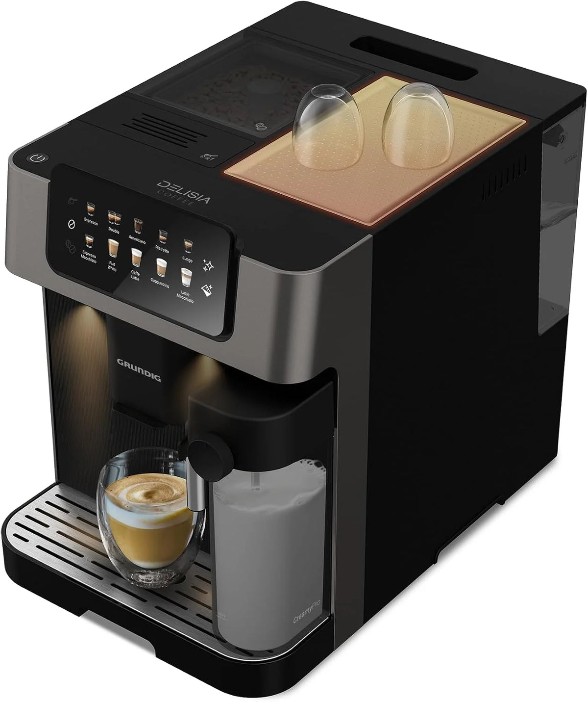 Grundig KVA 7230 Máquina automática de café, 10 especialidades de café, 13 niveles de molienda, tanque de leche, potencia de 1350 W, presión de bomba 19 bar, doble boquilla, iluminación, negro/plata