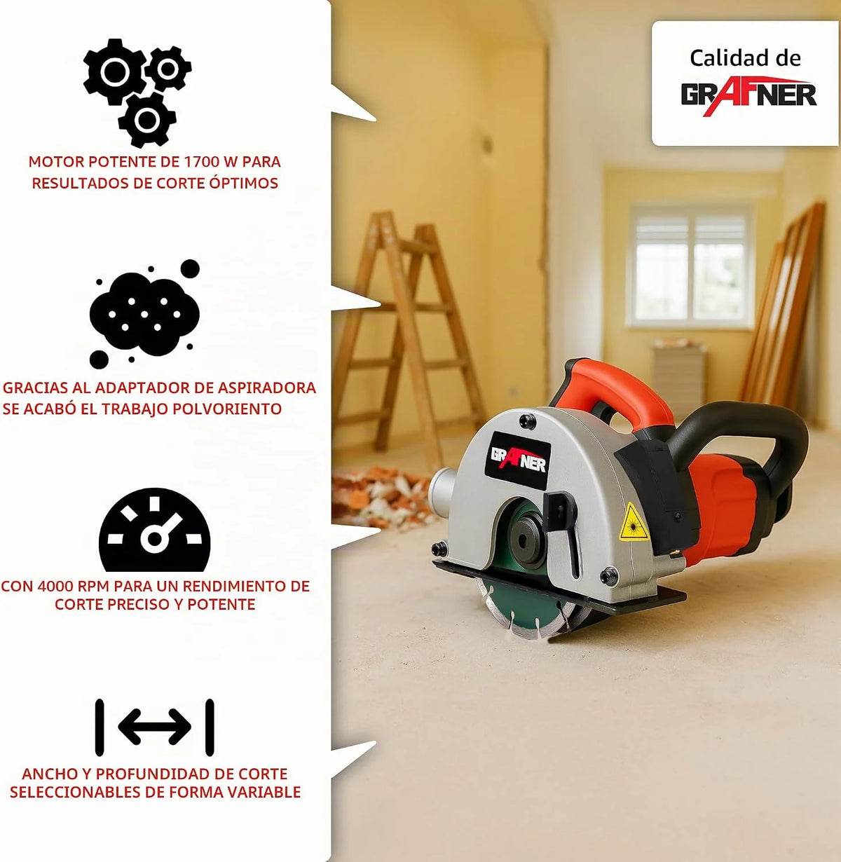 Grafner Fresadora de pared con láser, potente 1700 W con 4000 rpm, incluye 2 discos de corte de diamante de 150 mm de diámetro, extracción de polvo, ancho de ranura 14-29 mm, profundidad de ranura 10