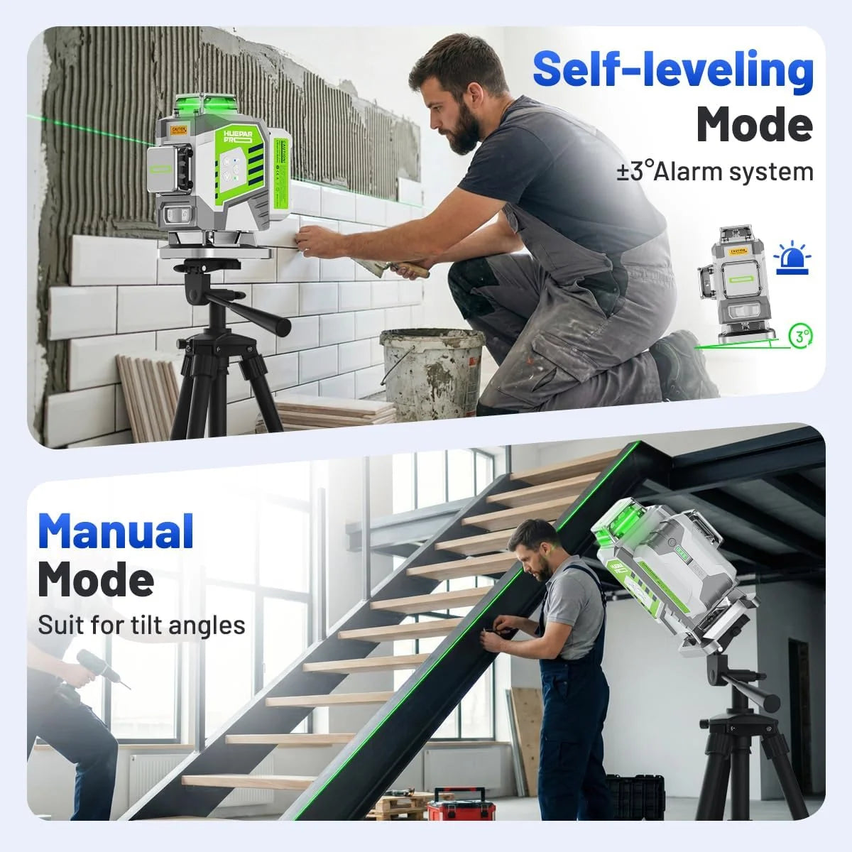 Huepar Pro Outdoor Nivel Láser con Receptor, 4 * 360° Autonivelante Verde