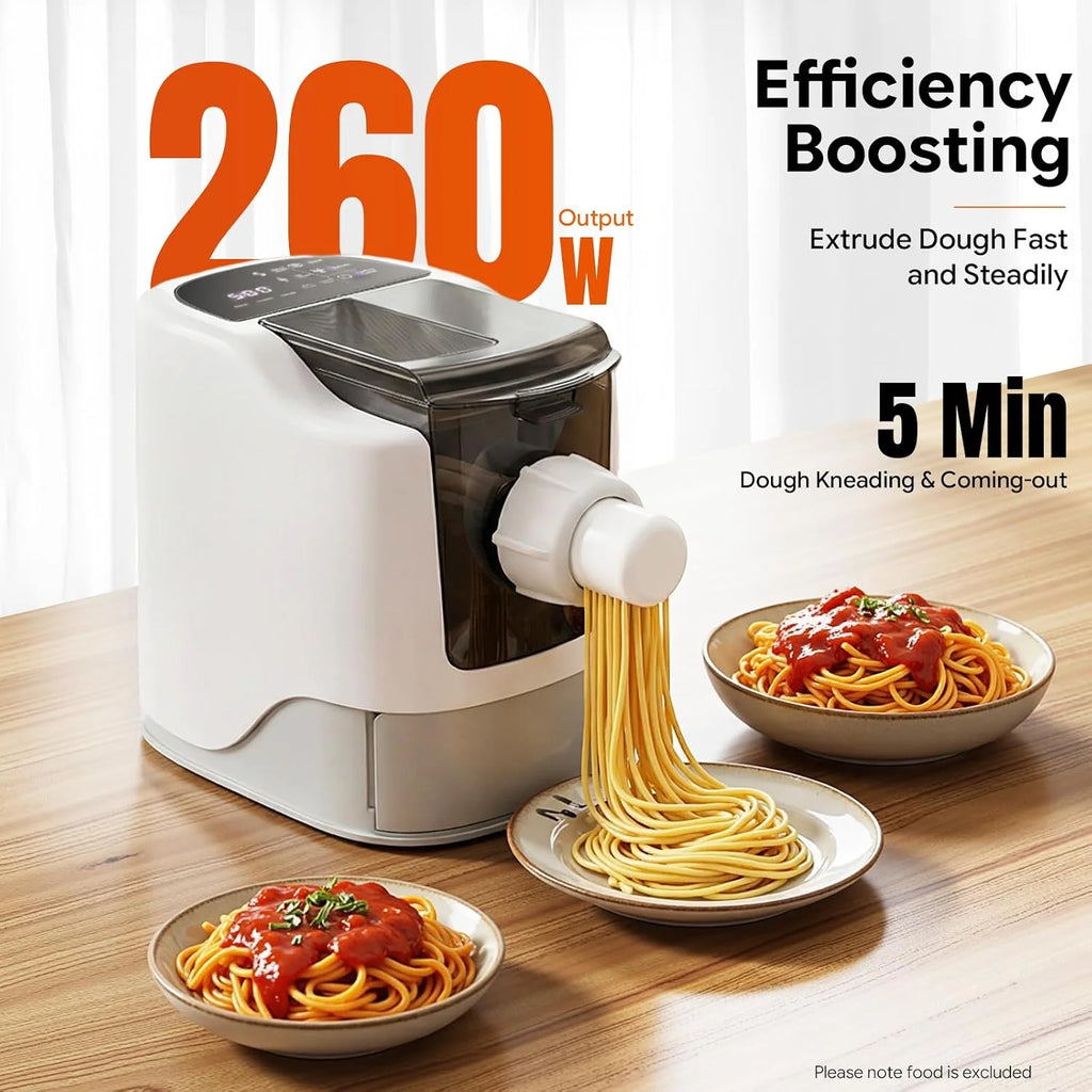 Máquina de pasta eléctrica, 260 W, máquina de pasta totalmente automática, 500 g de capacidad, silenciosa (60 dB), 5 minutos de amasado para albóndigas, espaguetis fettuccine