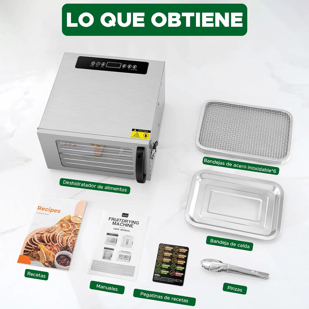 Kwasyo Deshidratador de Alimentos con 6 Bandejas Acero Inoxidable, Temporizador de 24 Horas, Temperatura Regulable 30~90℃, Pantalla LCD, 400W Deshidratador Alimentos de Frutas y Verduras, Libre BPA