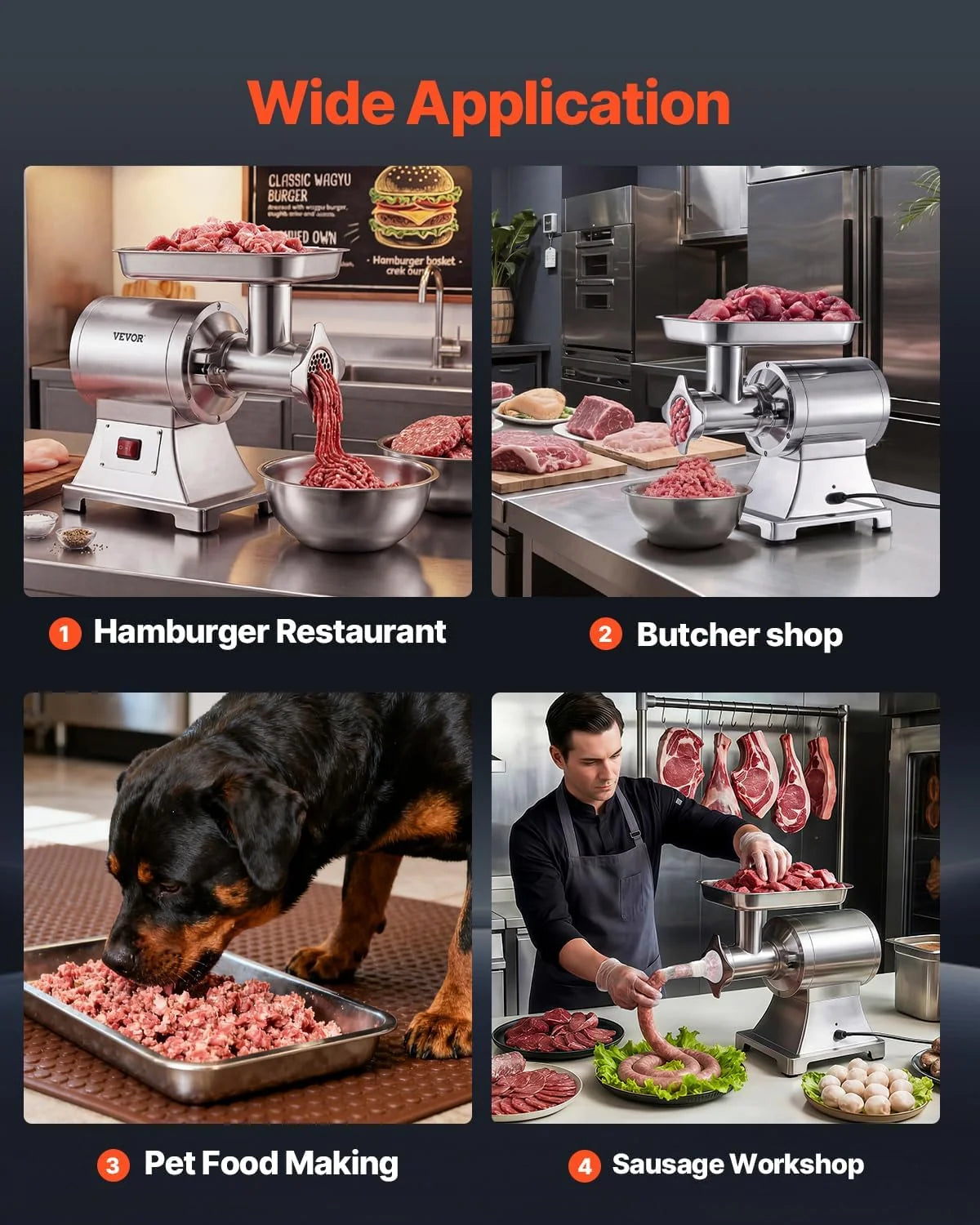 VEVOR Picadora de Carne 750W 1 HP, Picadora de Carne Eléctrica 4,2 kg/min, de Acero Inoxidable, con 2 Placas, 3 Tubos de Embutir Salchichas, para Cocinas Domésticas, Restaurantes, Carnicerías